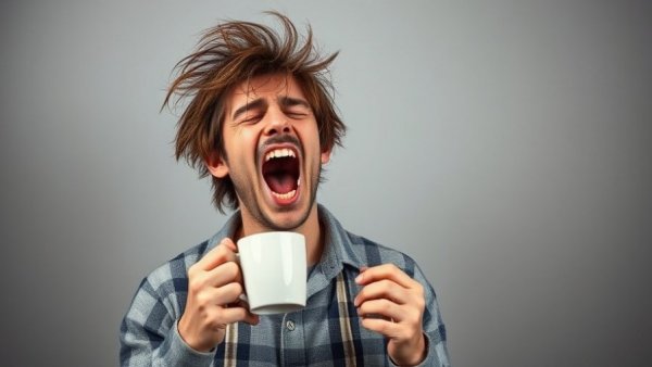Disheveled man holding coffee mug, tired expression, sleep deprivation relief.