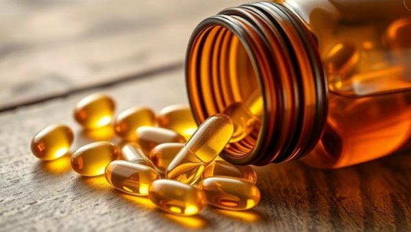 Omega-3 fish oil capsules spilling from a bottle.