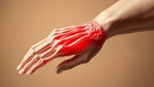Human wrist anatomy with pain area highlighted, delay rheumatoid arthritis concept.