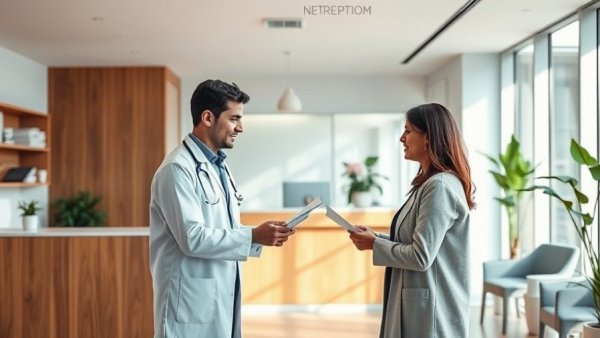 Healthcare professional and patient interaction in modern clinic reception, illustrating financial integration in EHR.