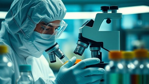 Lab technician in protective gear using a microscope in a high-tech lab, illustrating safety measures.