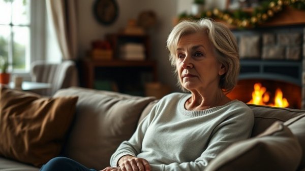 Middle-aged woman in living room, reflecting on medical debt patient lawsuits.