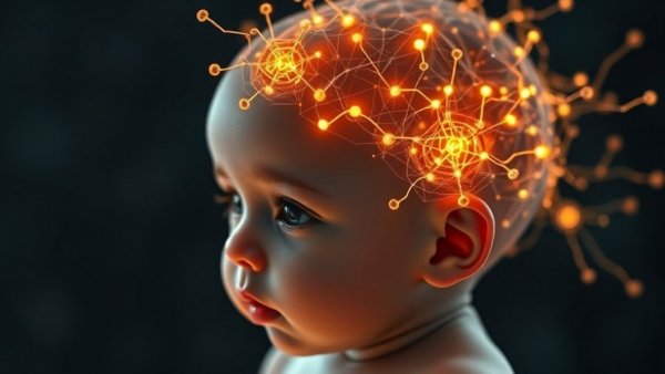 Futuristic infant brain activity concept illustrating gut bacteria's role in autism and ADHD protection.