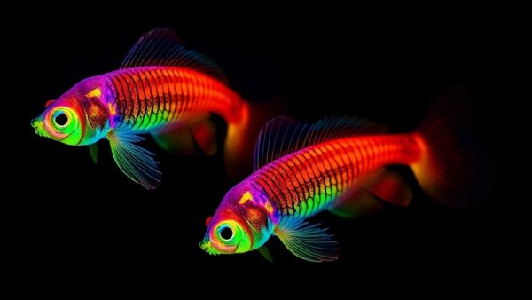 Vibrant zebrafish embryos glowing on a dark background, highlighting brain and social decisions.