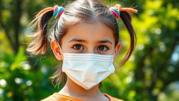 Young girl wearing mask in a sunny outdoor setting.