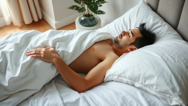 Person sleeping in bed, relaxed with a white blanket, and natural lighting.