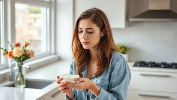 Young woman in kitchen eating yogurt, reflecting food cravings.