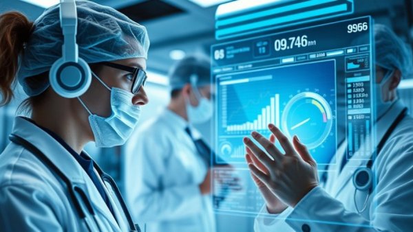 Futuristic healthcare technology setup with professionals analyzing data.