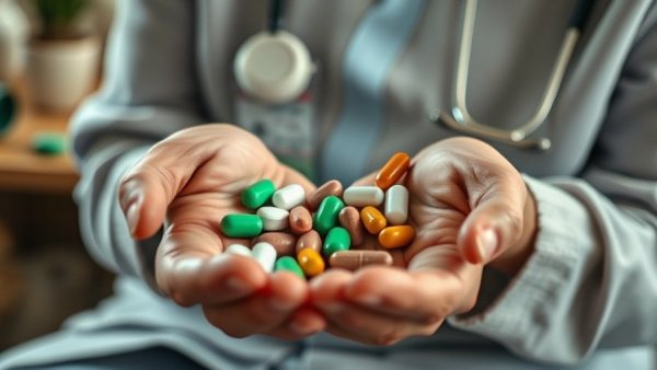 Older adult receiving supplement advice from nurse, close-up view.