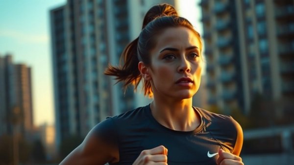 Athletic woman jogging at sunrise by the river, focusing on fitness and wellness.