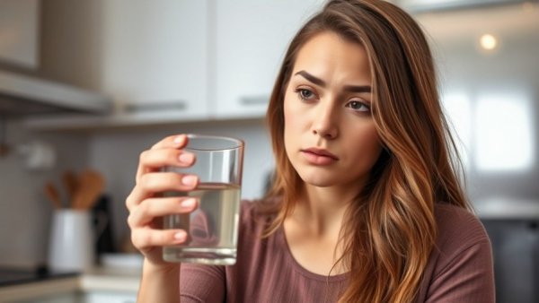 Woman examining water glass linked to dementia risk from nitrates.