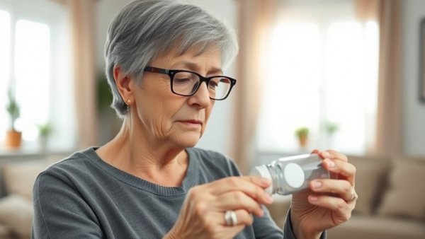 Elderly woman taking tablet, related to glucosamine and Alzheimer's progression.