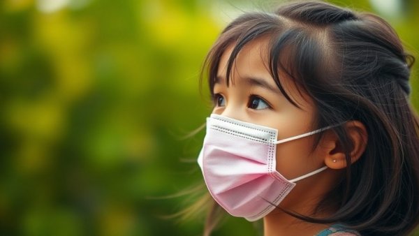 Young girl with mask outdoors, highlighting health precautions.