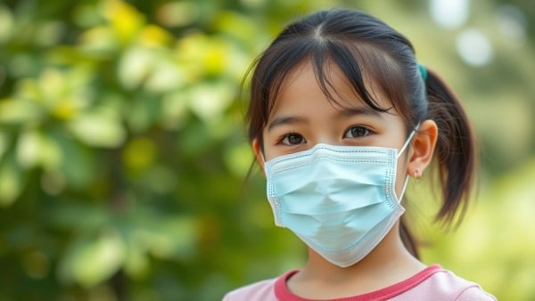 Young girl in a mask standing outside in natural lighting.