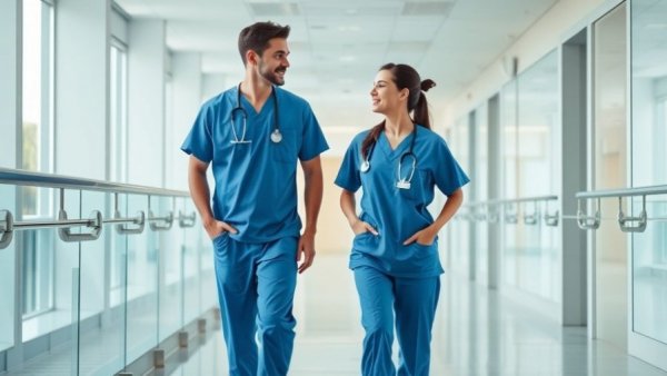 Healthcare professionals discussing in hospital corridor related to California Medi-Cal cuts.