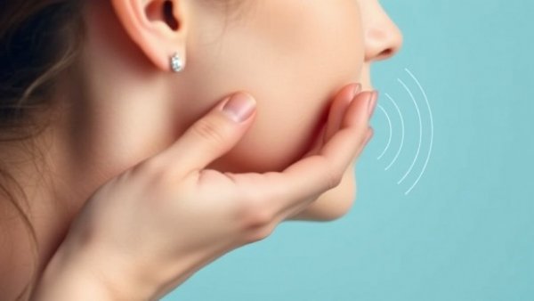 Tinnitus illustration showing sound waves near ear, blue background