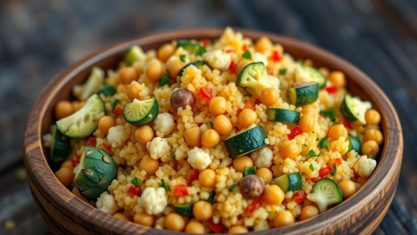 Blue Zone diet vegetable couscous in rustic bowl