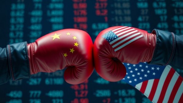 China and USA boxing gloves facing off with financial market background.