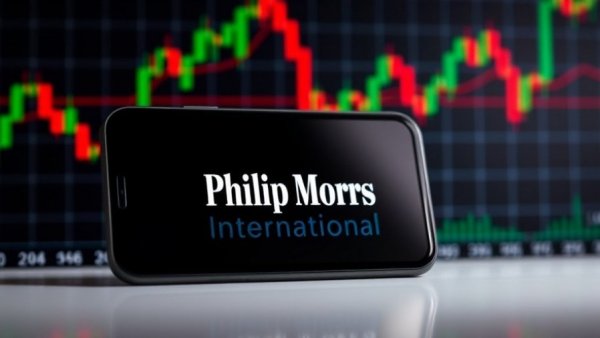 Philip Morris logo on phone with stock graph background.