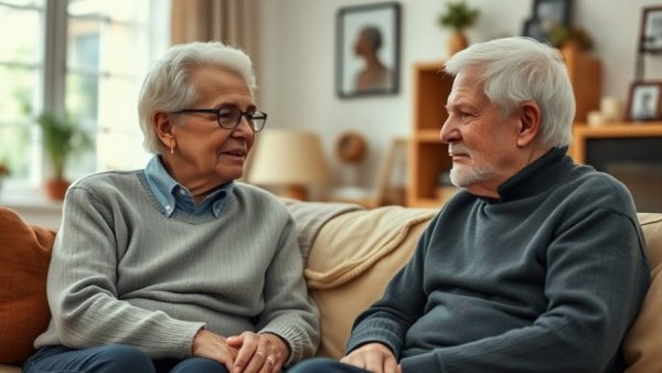 Elderly couple in cozy living room needing support, signs aging parents need support.