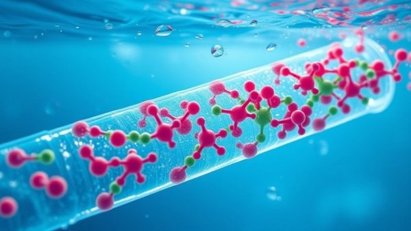 3D illustration of water purification membranes filtering molecules underwater.
