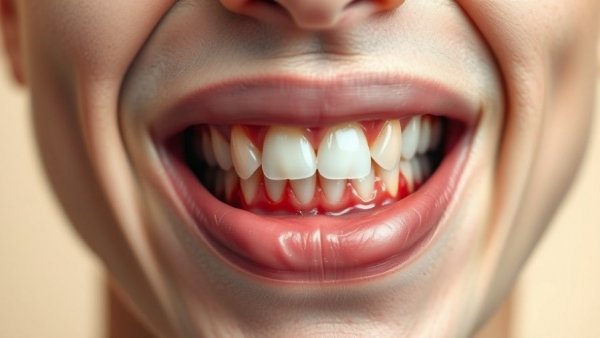 Close-up showing gum disease with inflamed gums and white teeth, fasting effects.