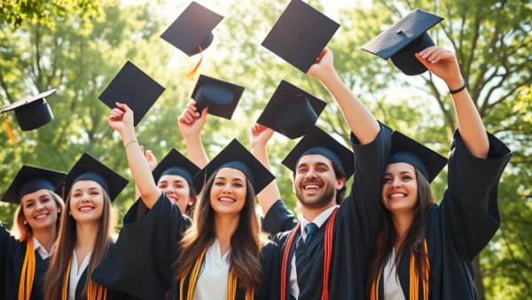 Graduates celebrating, throwing caps under sunlight for Graduation Anxiety Support.