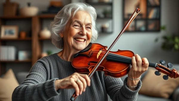 Elderly woman learning violin in her 70s, smiling joyfully.