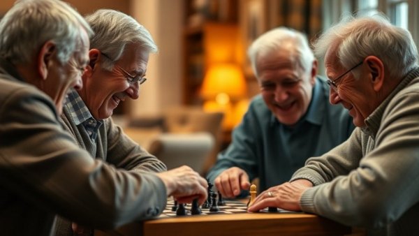 Elderly men playing chess to improve brain health into your 90s.