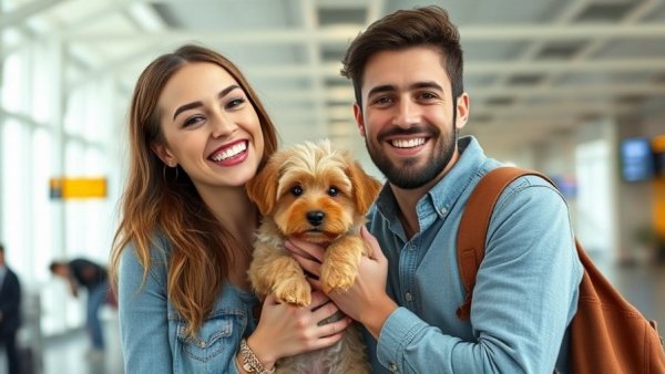 Happy couple with puppy, representing fast payouts competitive advantage.