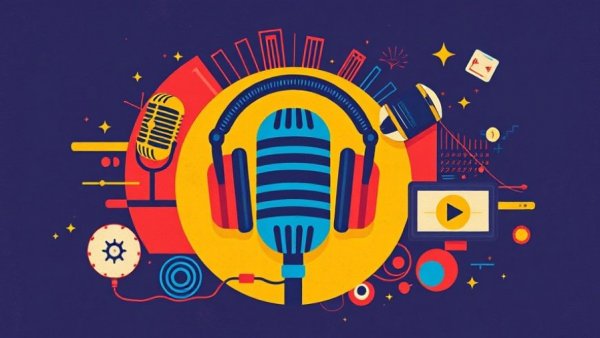 Bold graphic design with microphones and headphones in bright colors