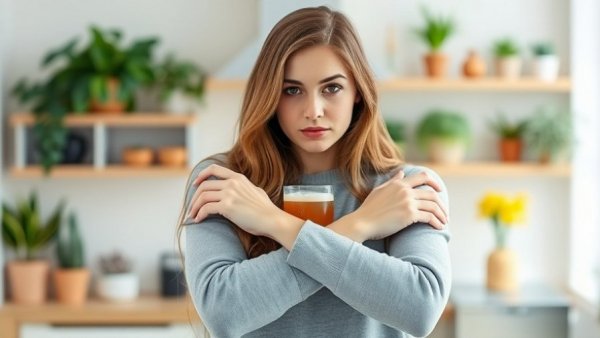 Young woman rejecting sugary drink for gut health in bright kitchen.