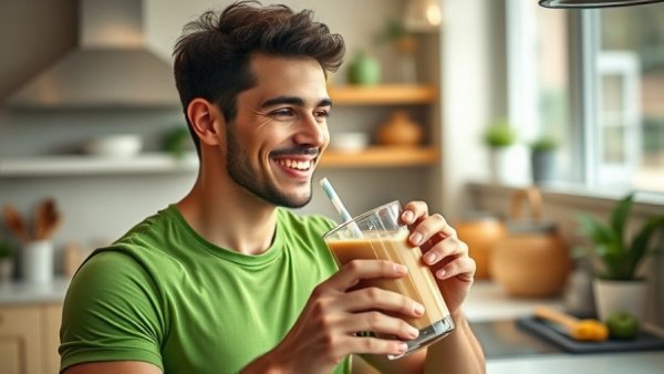 Young man enjoying a protein shake in a bright kitchen.