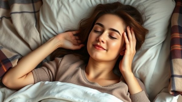 Woman relaxing, touching her face on bed, biological aging and mood.