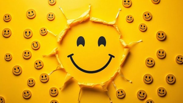 Bright smiley face escaping from sad faces, symbolizing daily probiotic mental health benefits.