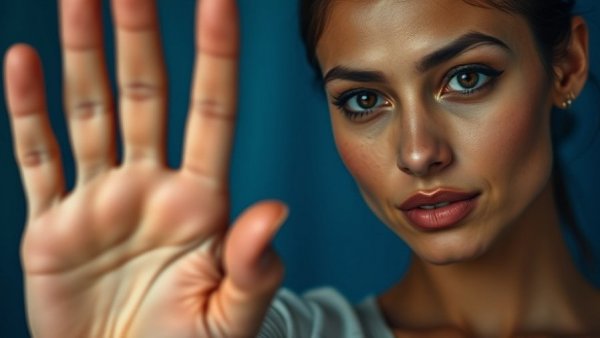 Woman gestures stop with hand, blue background.