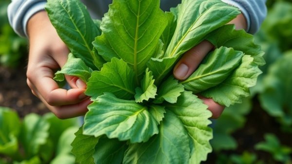 Hands inspecting leafy greens in garden, related to glyphosate and gut health.