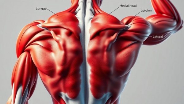 Anatomical illustration highlighting triceps muscle heads for Cable Overhead Triceps Extension.