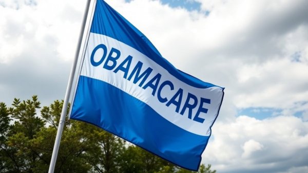 Flag with OBAMACARE text waving in front of a cloudy sky, symbolizing fewer insurers participating in ACA marketplaces.