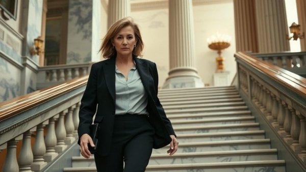Woman descending staircase in government building, illustrating political impact of rising health costs.