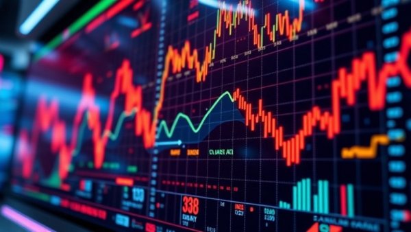 Dynamic financial chart with stock elements in neon lighting.