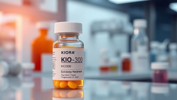 Kiora Pharmaceuticals KIO-300 epilepsy treatment bottle in a lab setting.