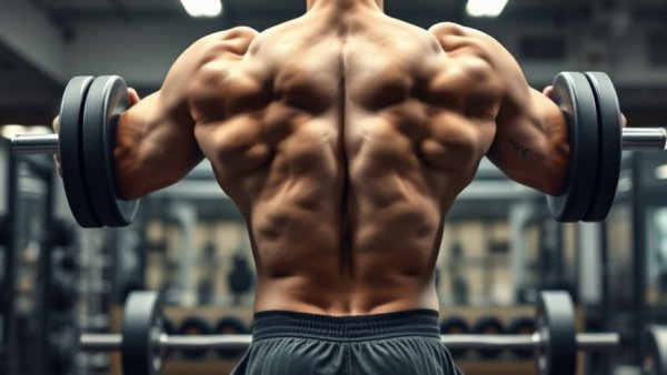 Muscular person performing dumbbell Romanian deadlift, highlighting glutes and hamstrings.