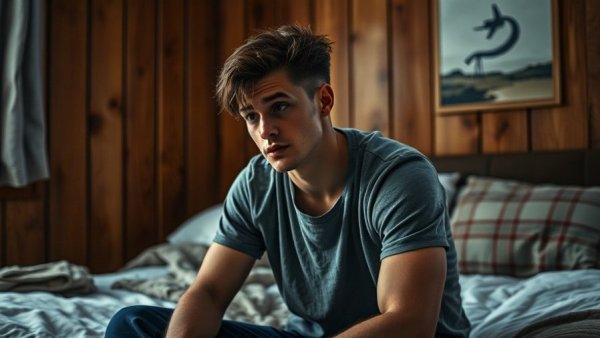 Young man sits on bed in wooden room, reflecting quietly.