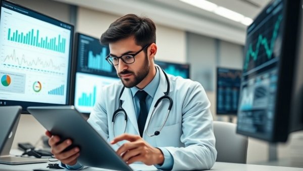Healthcare professional analyzing financial data in a modern office.