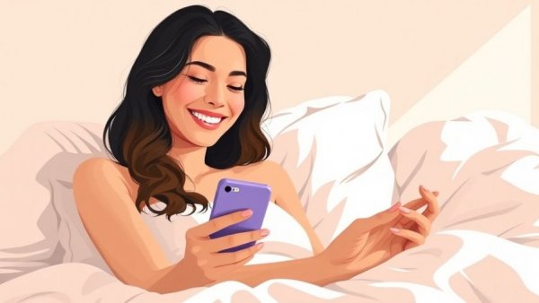 Smiling woman on phone in bed representing AI dating app innovations.