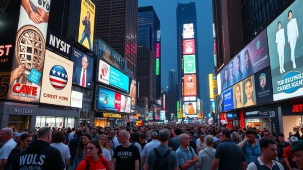 Colorful Times Square at night with crowds and glowing billboards.