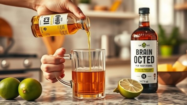 MCT oil benefits illustration with coffee and Brain Octane C8 bottle.