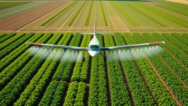 Aerial view of agricultural plane spraying pesticides over green crops.
