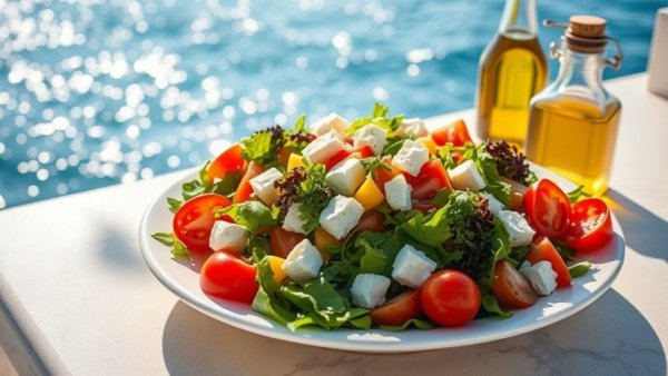 Mediterranean salad and olive oil by the sea, illustrating the impact of palmitic and oleic acid on diabetes.